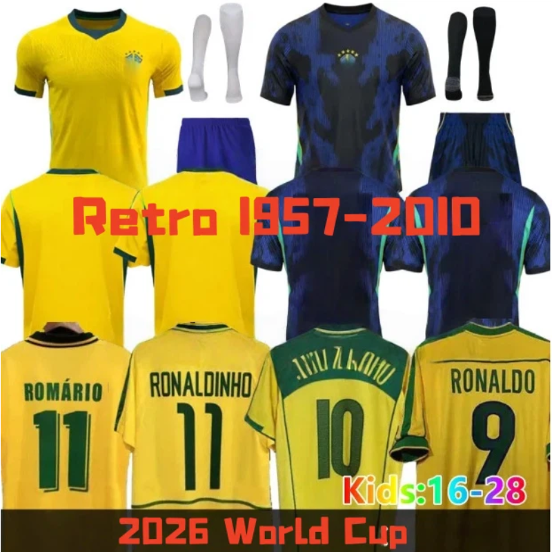 2026 Brazil jerseys football jerseys World Cup retro football tops VINI JR RODRIGO PELE retro NEYMAR Ronaldinho camisa de futebol kids set classic s