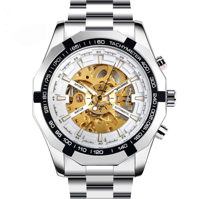 Men's hollowed out watch, silver skeleton men's watch, top brand luxury mechanical men's watch