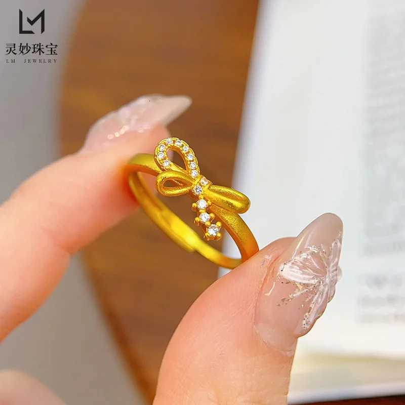 9999 24K real gold luxury jewelry bow ring hollow simple plain circle open finger ring gift for girlfriend H260320-image-1098360585