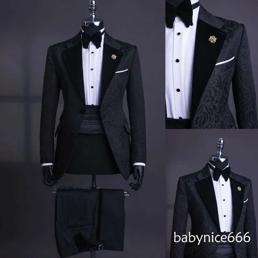 Two Pieces Customized Tailor-Made Jacquard Men's Suits Tailored Blazer Pants Peaked Velvet Lapel One Button Wedding Slim Fit Groom Formal Occas