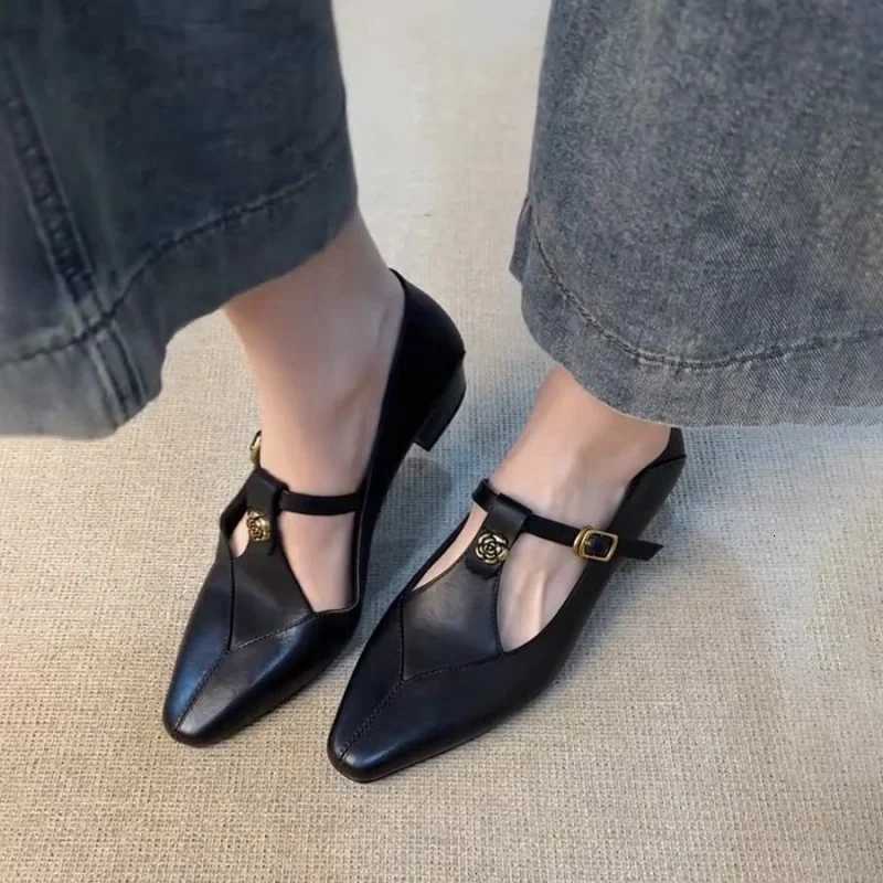 Dames en cuir noir Mary Jane chaussures plates avec métal Rose t-strap sans lacet chaussures de ballet décontractées femmes chaussures plates con