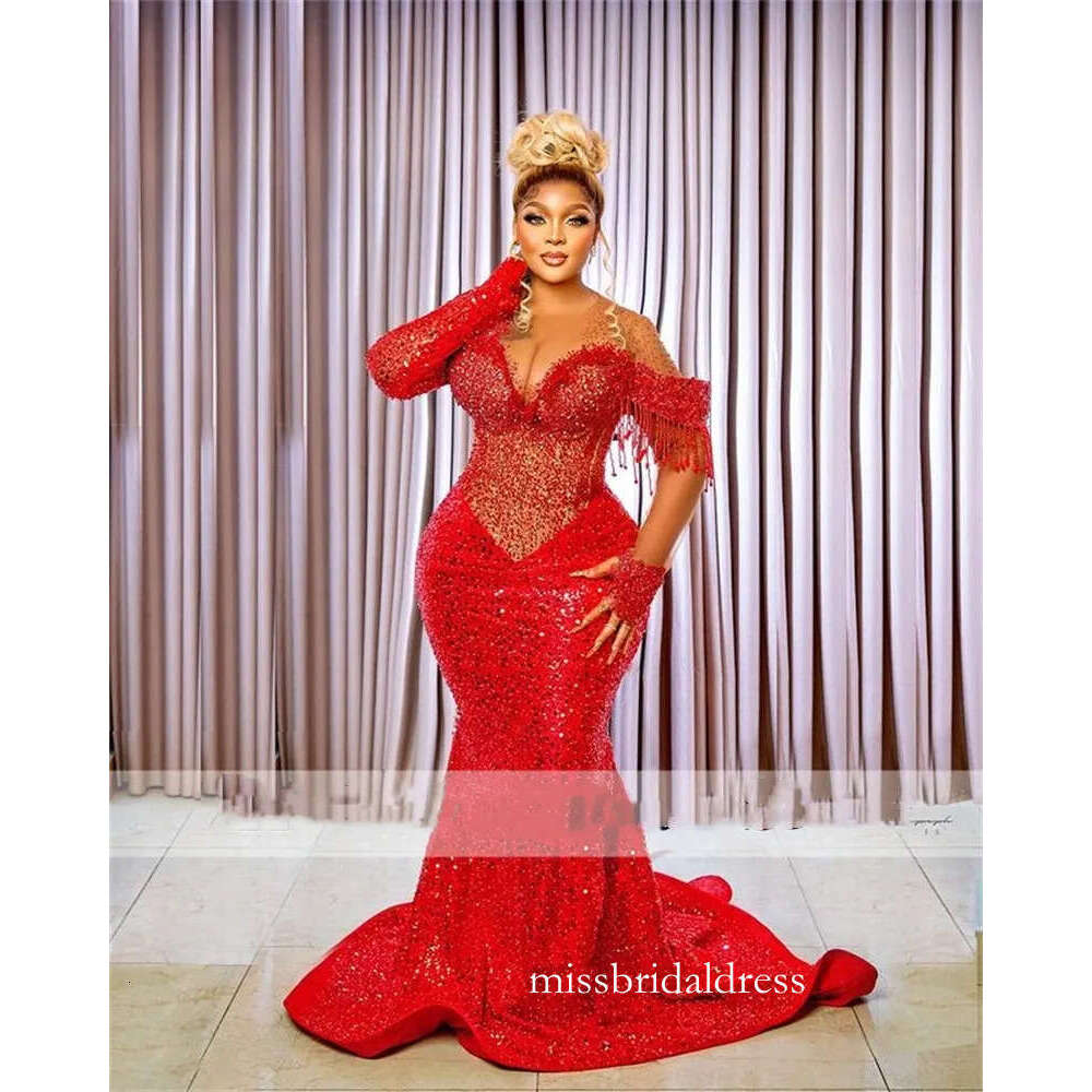 Red Crystal Mermaid Evening Dress 2023 Sheer Neck Long Sleeves Plus Size African Prom Party Gowns 322 B0320