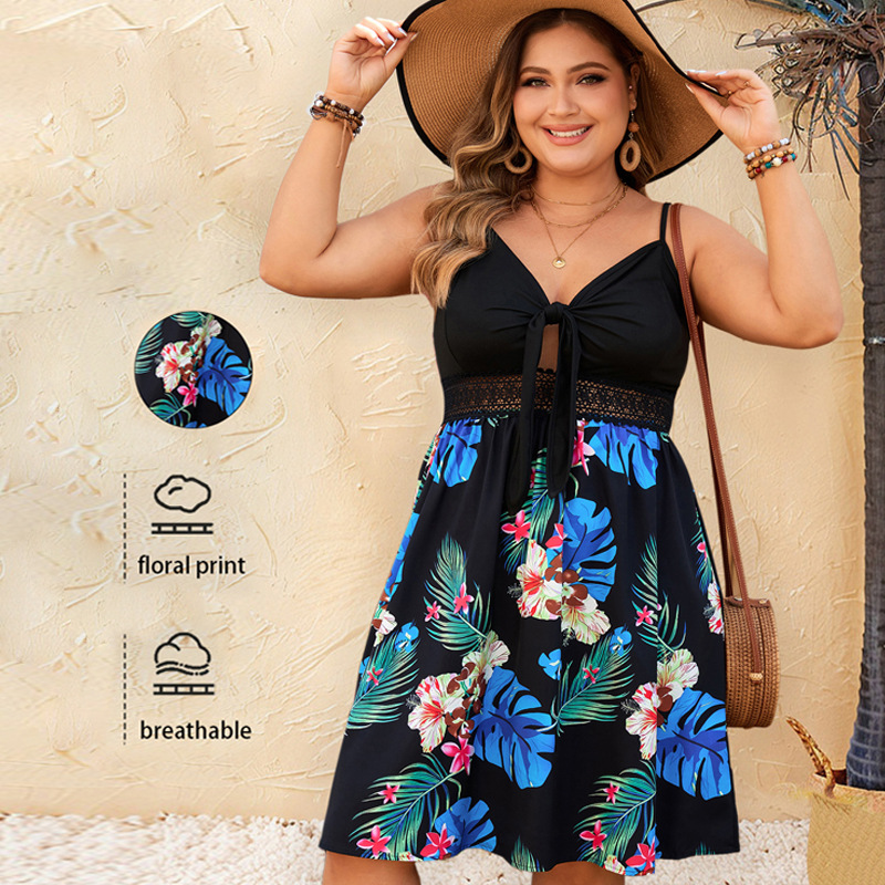 M0202 printed dress European and American fashion printed suspender lace hollow sexy elegant dress women