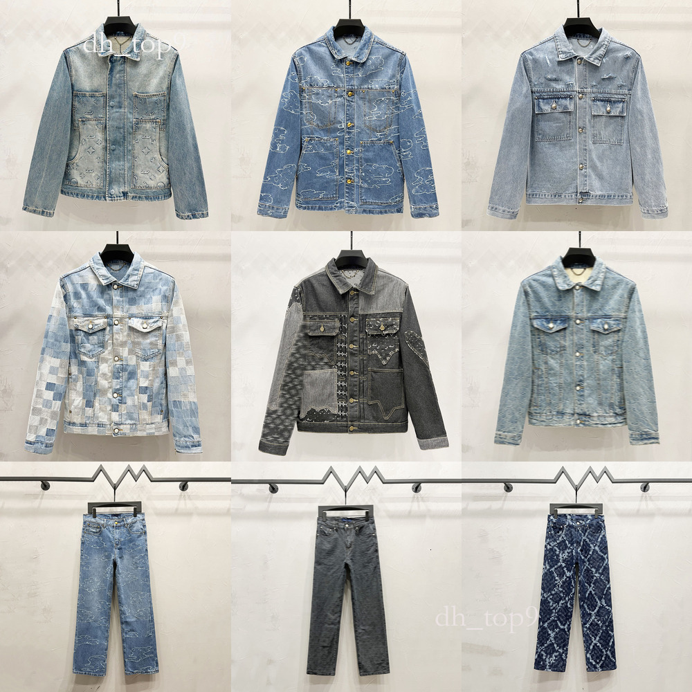 lvs Designer Men's Jacket Embroidery Full Letter Mosaic Checkered Denim Jacket Baggy Jeans Vintage Luxury Washed Denim Suit Men Women d2e