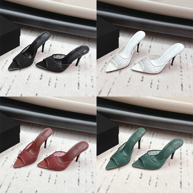Designer Heels Mesh Sandal 10cm Crystal High Heels Rhinestone Slippers Black White Red Nude Dress Shoes Rhinestone Slide High-End Leather Casual Sho
