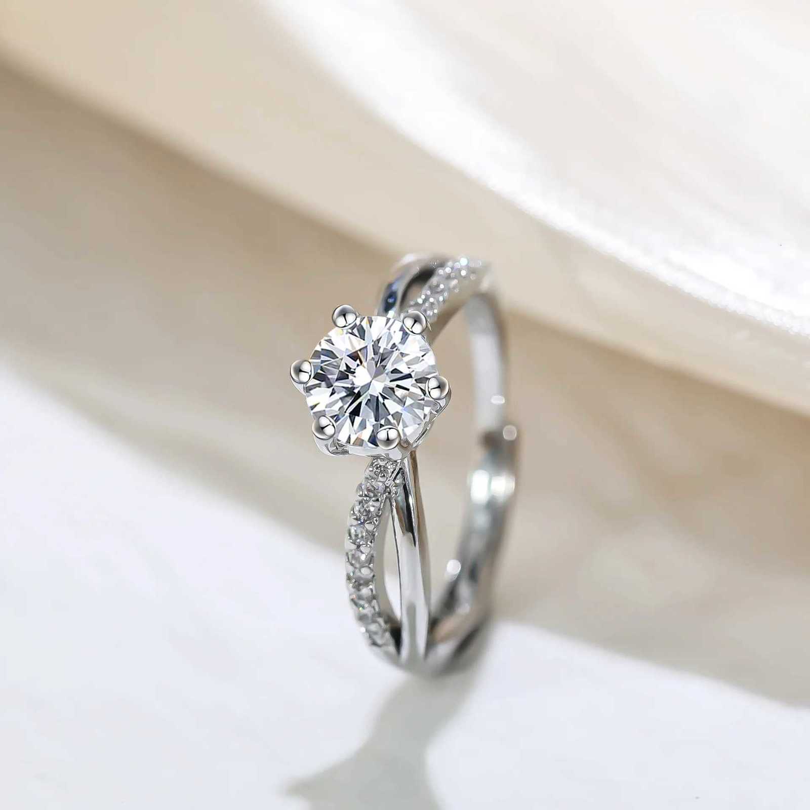 Classic 4-Prong Solitaire Ring with Micro-Pav Accent Stones Crisscross Band - 925 Silver Plated White Gold Engagement Promise H260320-image-1098360556