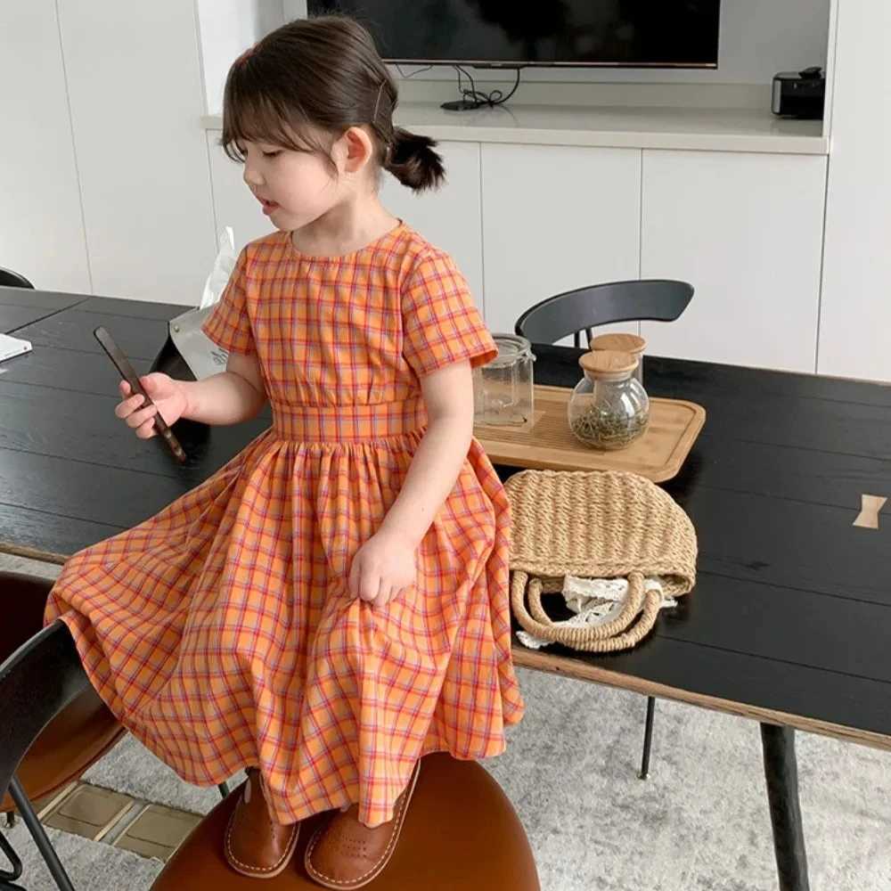 3-7 ans filles robes décontractées mode d'été coton à carreaux imprimé robe de princesse à manches courtes dos nu vêtements pour enfants T260319