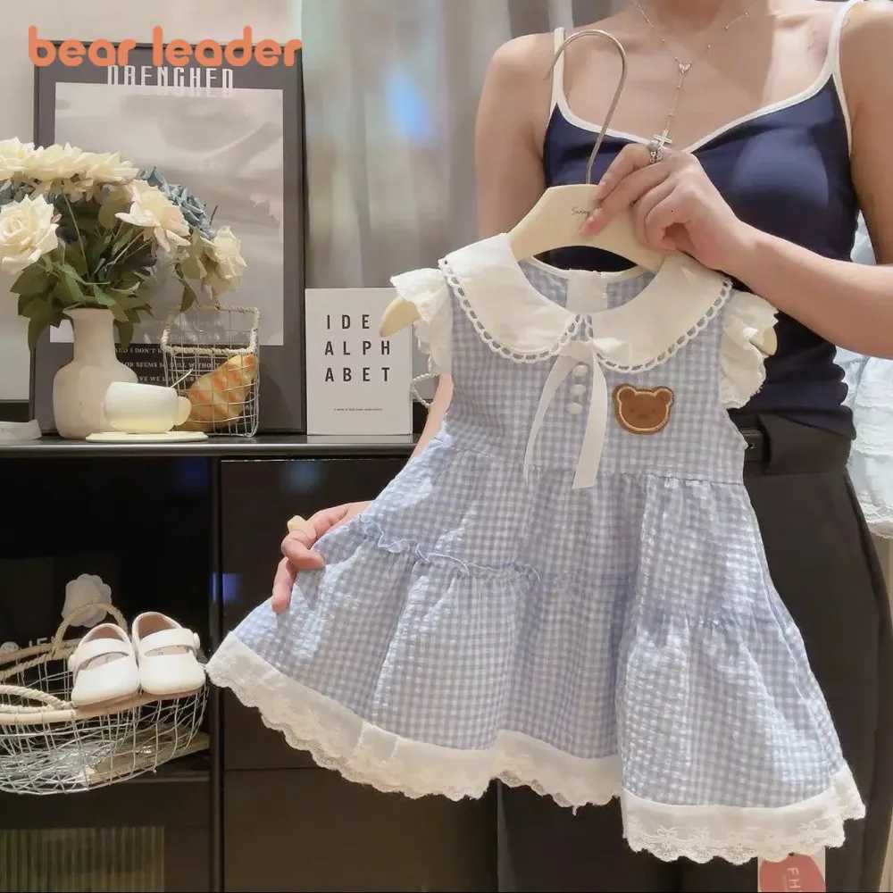 Bear Leader Korean Version Blue Checkered Printed Childrens Clothing Sweet Girls Dresses Lace Patchwork Lapel Sleeveless DressT260319-image-1098410858