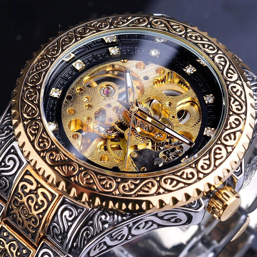 Men's automatic mechanical watch retro carved hollow bottom steel strip men's waterproof watch