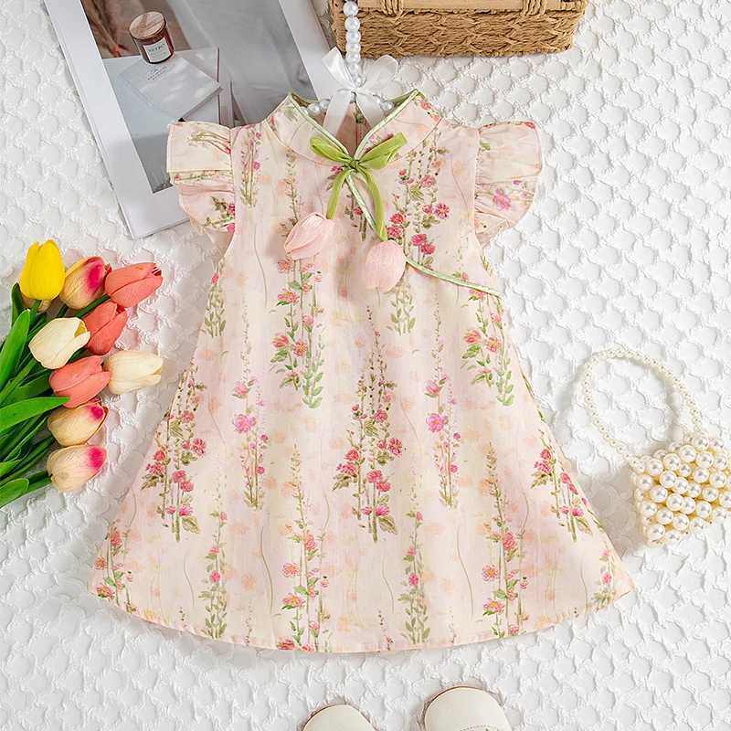 Robe d'été sans manches pour bébé fille, Style rétro chinois, vêtements pour enfants de 9 mois à 4 ans, tulipe rose doux, nouvelle collection, T2