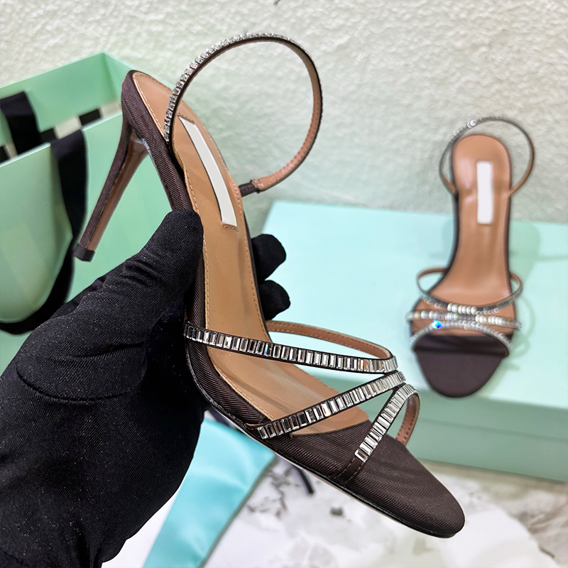 Nouveau Designer Memoire Sandal Femmes Cristal Tequila Talon Haut Gros-Grain Halter Sandales Élastique Slingback Talons Dames Filles Robe De Soir