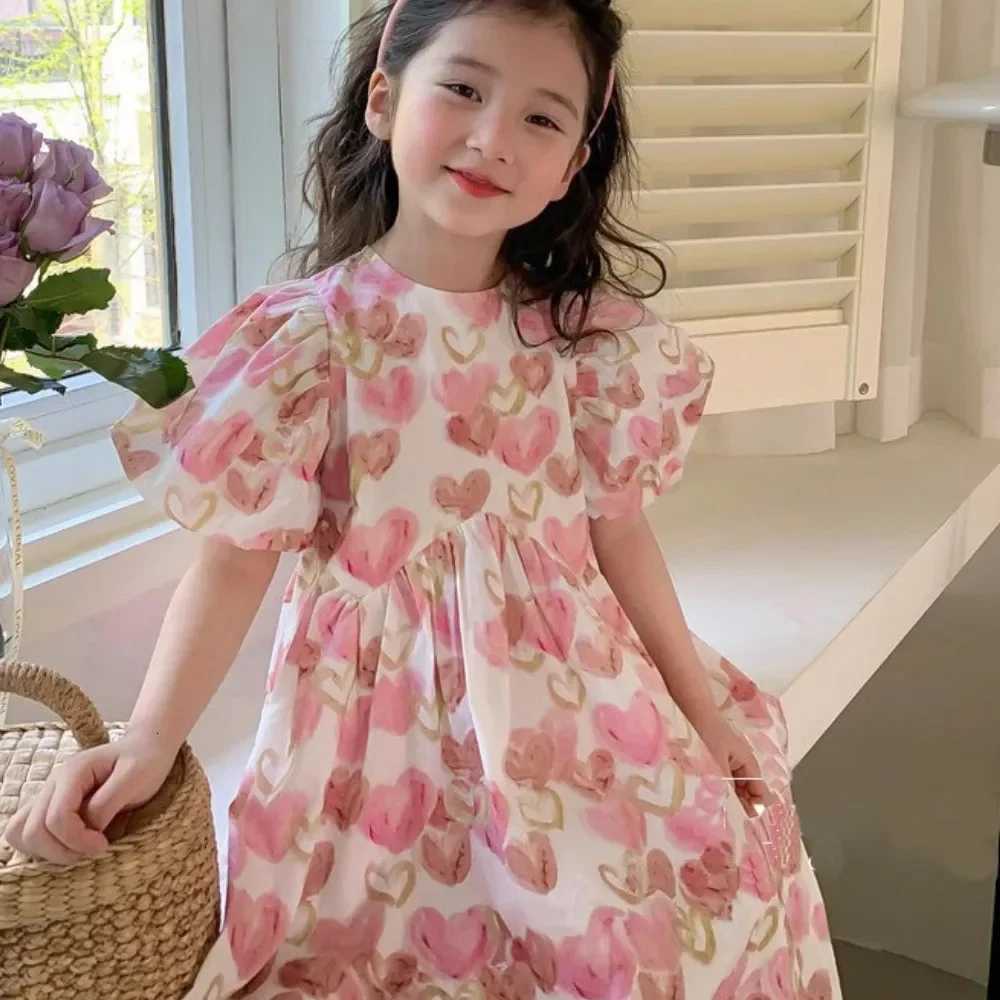Sweet and Lovely Pink Girl Bubble Sleeve Full Print Love Princess Dress Summer New Childrens Casual Clothes Birthday PartyT260319-image-1098409054