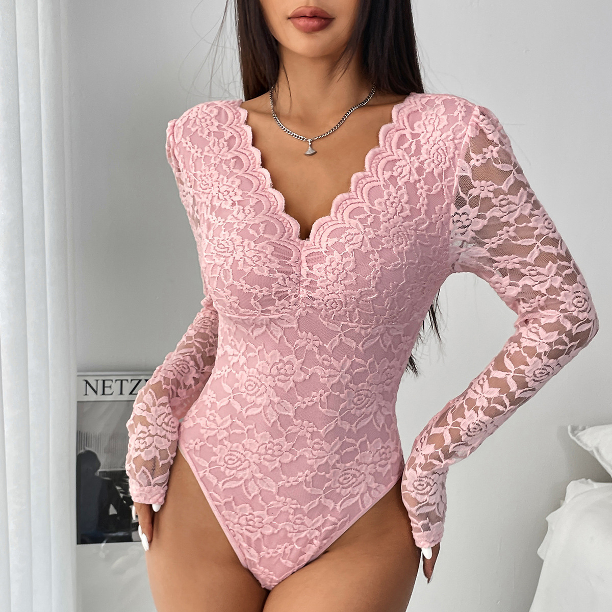Luxury Brand Designer Clothes Foreign Trade Bestseller Sexy Solid Color Lace Long-Sleeve Hot Girl See-Through Slim-Fit Bodysuit 10717