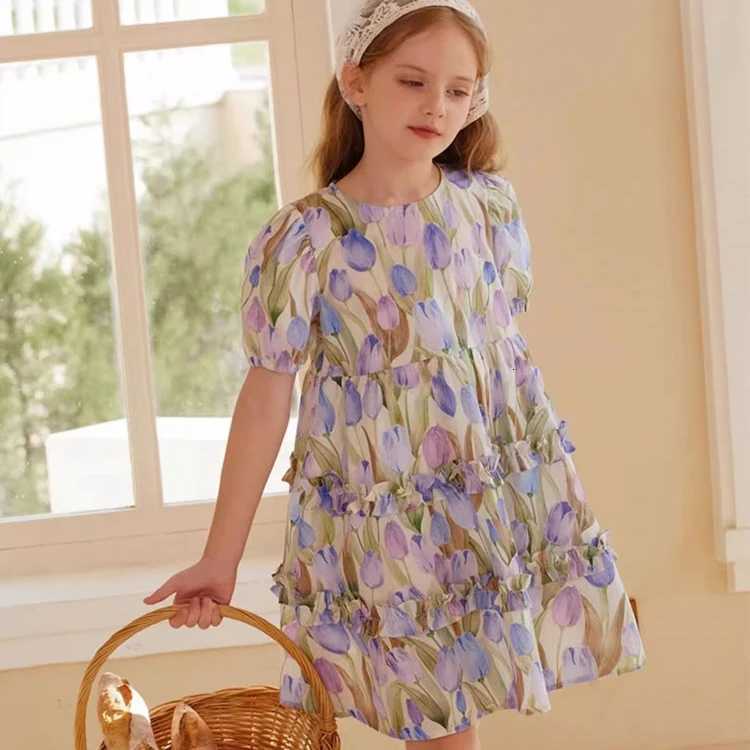 Girls French Dress Spring/Summer New Middle and Big Childrens Vintage Childrens Fragmented Skirt 100 Cotton Casual WearT260319-image-1098409883