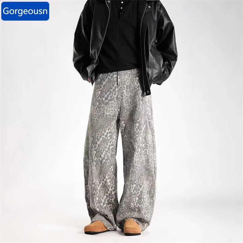 Vintage Distressed Leopard Printed Y2K Jeans Men's High Street Baggy Curved Denim Pants Hip Hop Fashion Punk Jean 260921