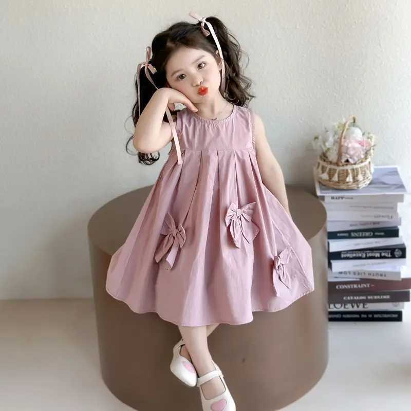 Summer New Pink Sweet and Cute Round Neck Sleeveless Vest Dress with Bow Decoration for Girls Aged 3-7 Daily WearT260319-image-1098410389