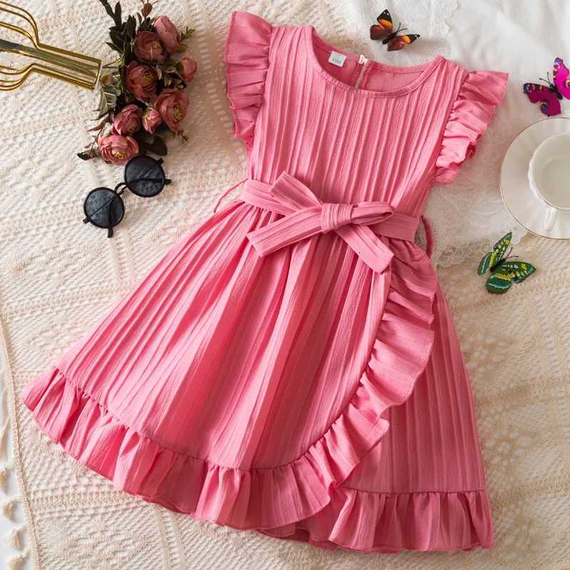 Korean Style Girls Summer Dress 3-7 Years Solid Color Ruffled Princess Dress for Childrens Kids ClothesT260319-image-1098408506