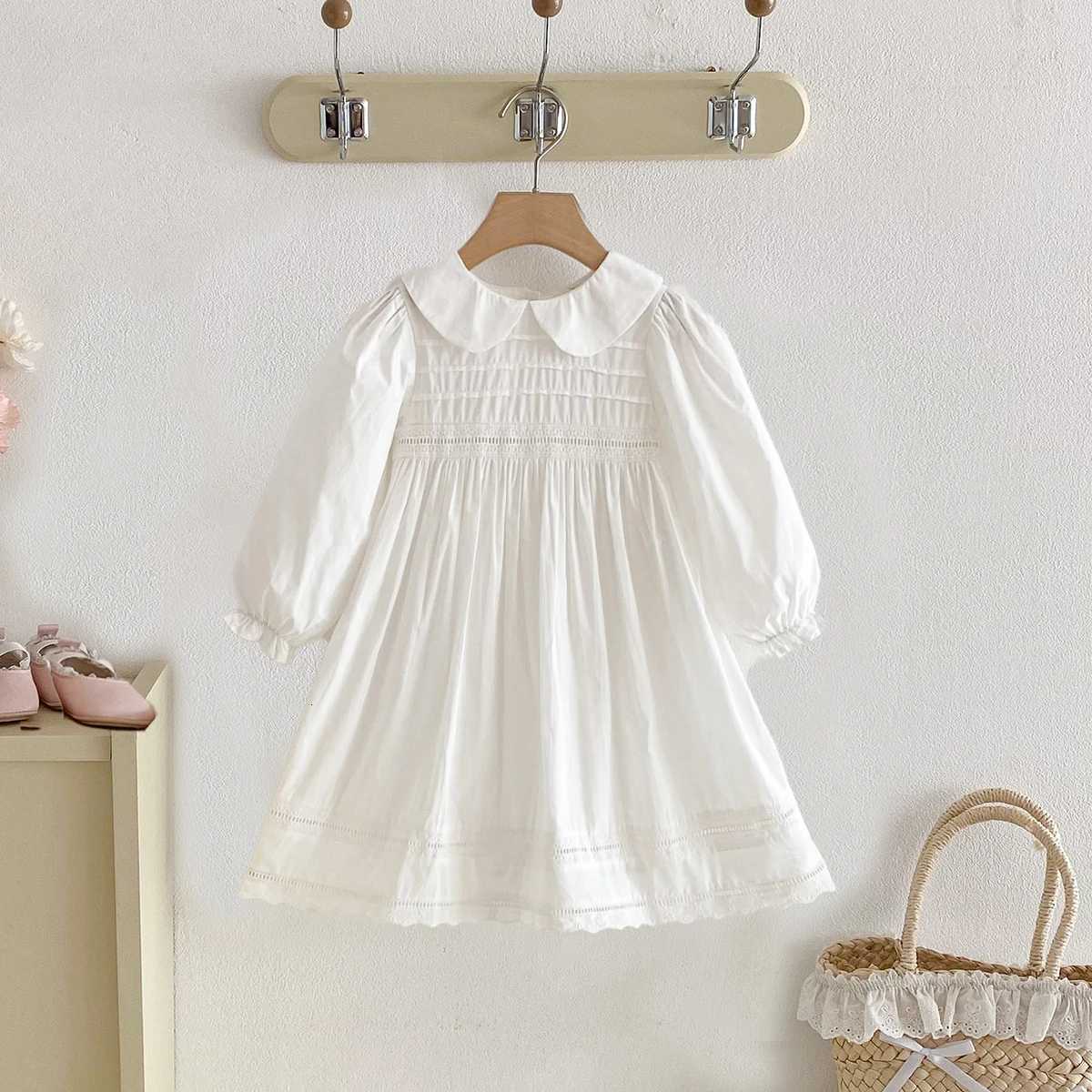 1-7Yrs Casual Girls Dress Spring Kids Clothes Cotton Lace Sweet Peter Collar White Baby Girl Embroider Princess Party DressesT260319-image-1098408949