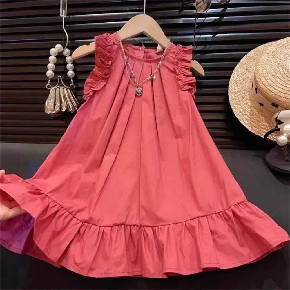 2-7-year-old Girls Casual Clothes Solid Color Cool Round Neck Lace Sleeveless Pleated Princess Dress Summer Basic Daily WearT260319-image-1098406518