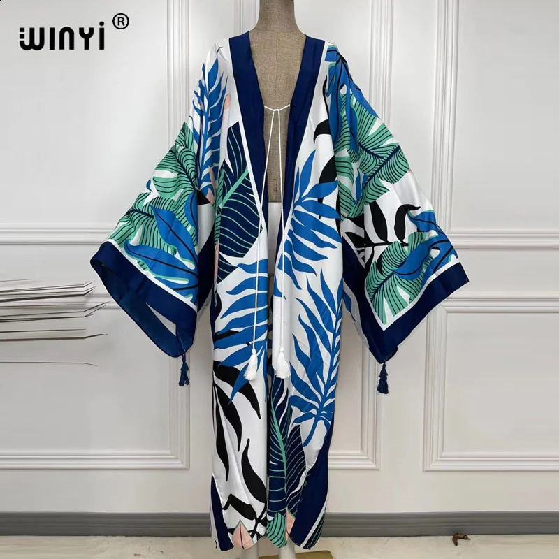 WINYI Cotton Bikini Sweet Lady Pink Boho Print Self Belted Front Open Long Kimono Dress Beach Tunic Women Wrap Dresses 260310