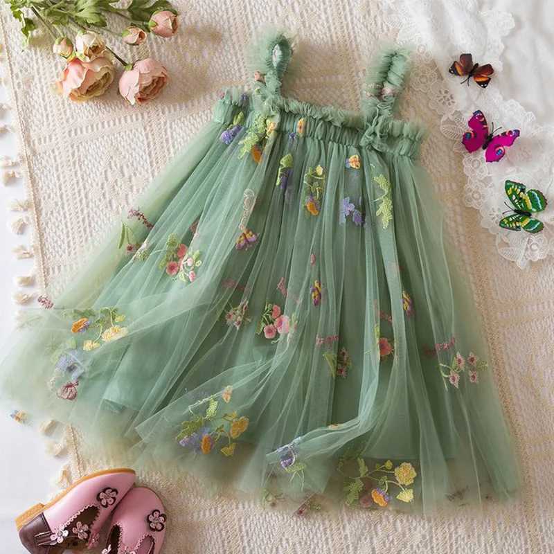 Summer New Sweet Girls Little Sling Dress Childrens Bow Floral Embroidery Mesh Tutu Princess Dress Baby Girl DressT260319-image-1098410099