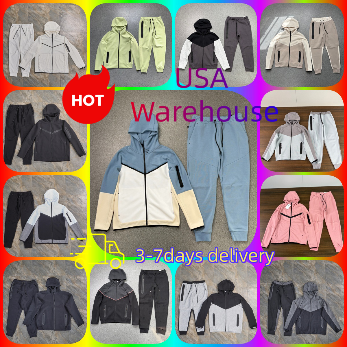 Men's teach Fleece 2 Piece Tracksuits Hooded Jacket Pants Casual Sportswear Set Multiple Colors Fashion Zipper Sweatshirt Suit
