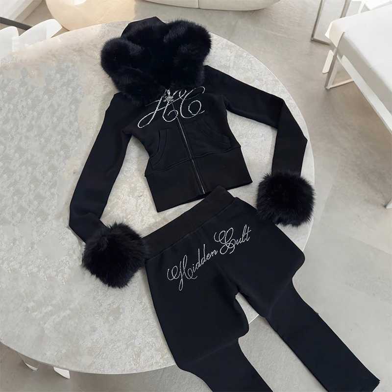 Casual Hoodie Suit Pants Suit Autumn and Winter Slim Fashion Trend Two-piece Zipper Long-sleeve Sweatshirt Low-waist Pants 2000s X260321