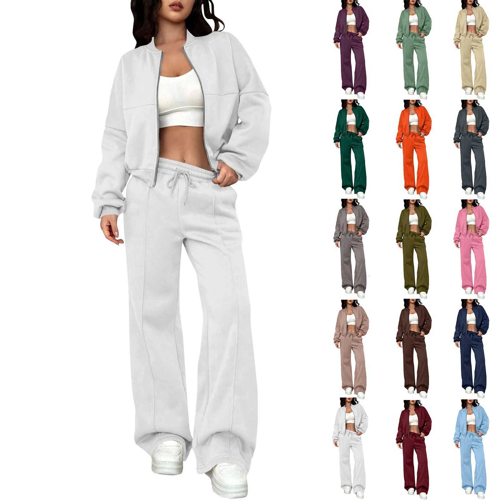 Women Fashion Solid Color Lapel Zipper Short Sleeve Coat Wide Leg Pants Two Piece Set Leisure Style Loose Comfy Sports Suit X260321