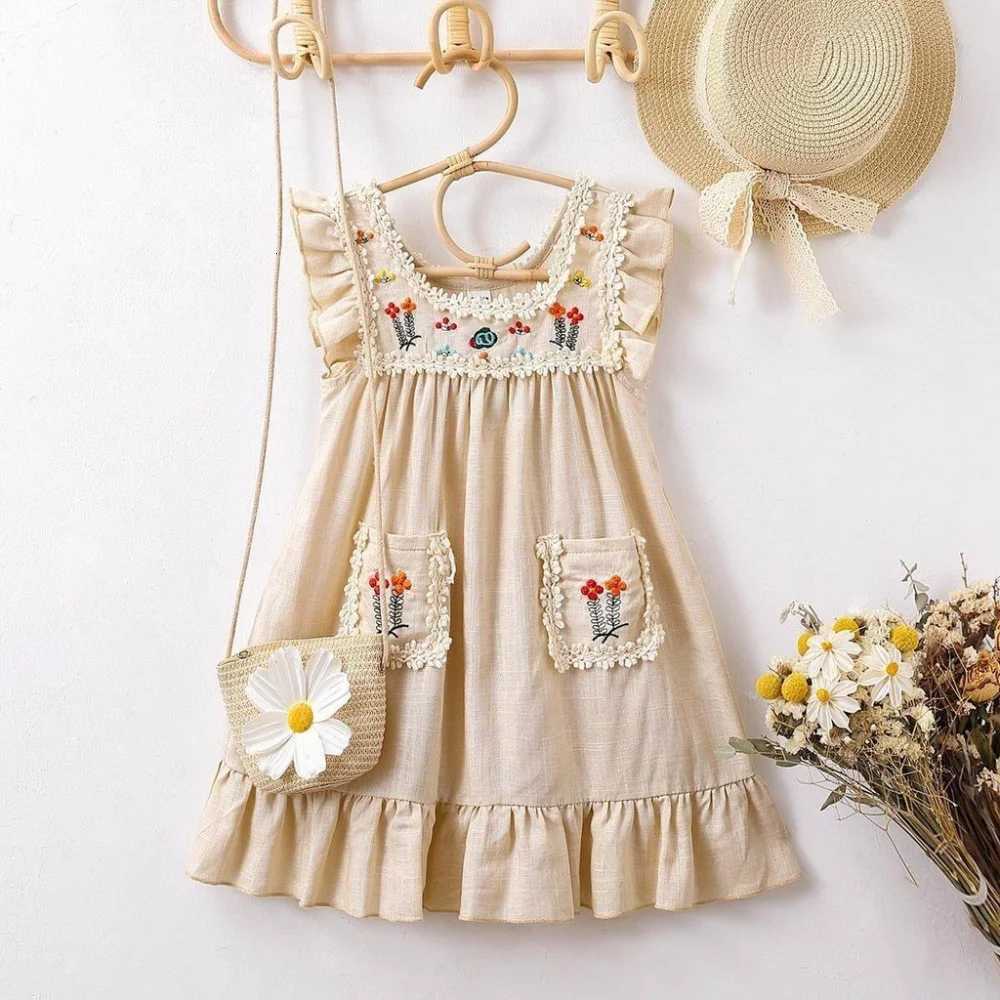 Kids Dresses for Girls Summer Khaki Embroidered Ruffle Edge Dress Sleeveless Lace Round Neck Pocket Dress Kids ClothesT260319-image-1098408082