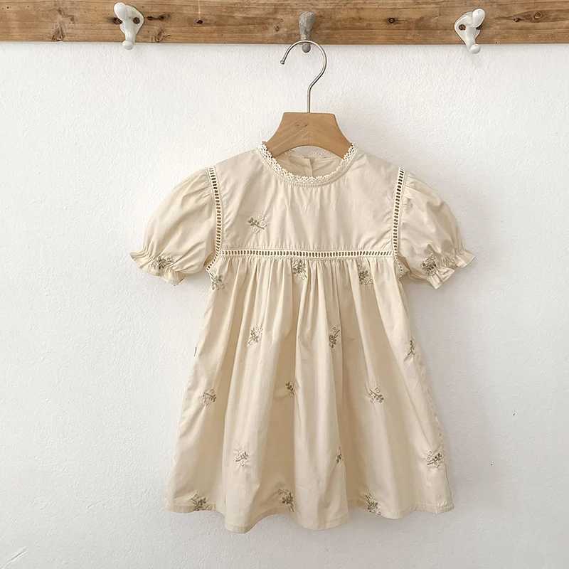 1-6Yrs Summer Girls Dress Embroider Lace Collar Kids Girls Dress Pure Cotton Thin Short Sleeved Children Girls Princess Dress T260319