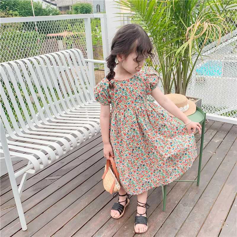 Leisure Pastoral Style Summer New Casual Clothes for Girls Aged 3-7 Bubble Sleeves Floral Dress Daily Wear Korean VersionT260319-image-1098409632