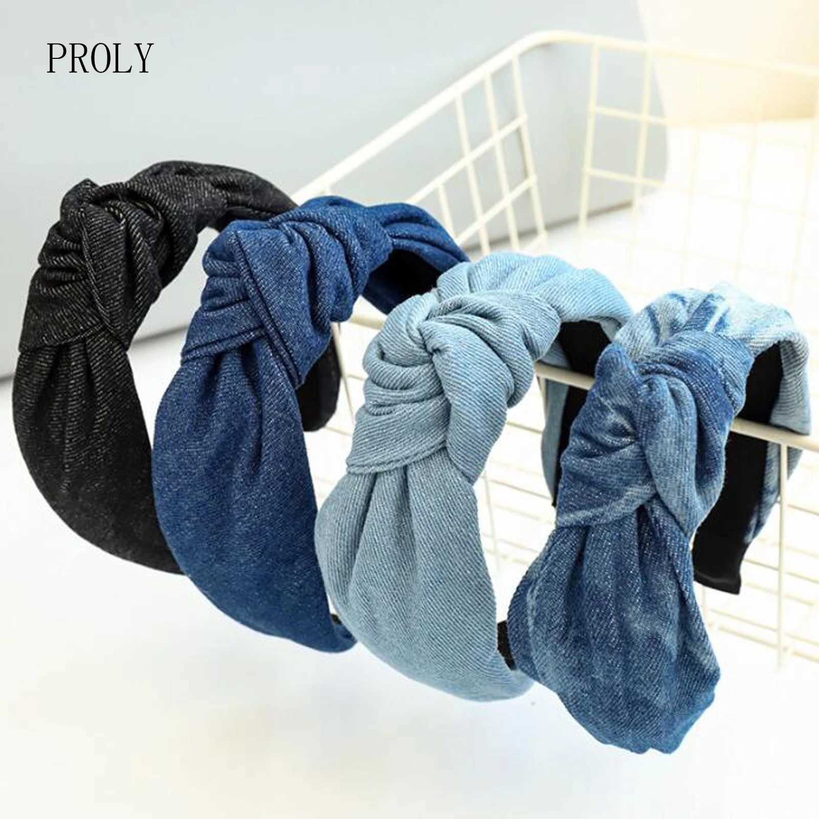 PROLY New Fashion Women Headband Casual Blue Black Denim Hairband Center Knot Headwear Turban Classic Adult Hair Accessories H260321-image-1098450826