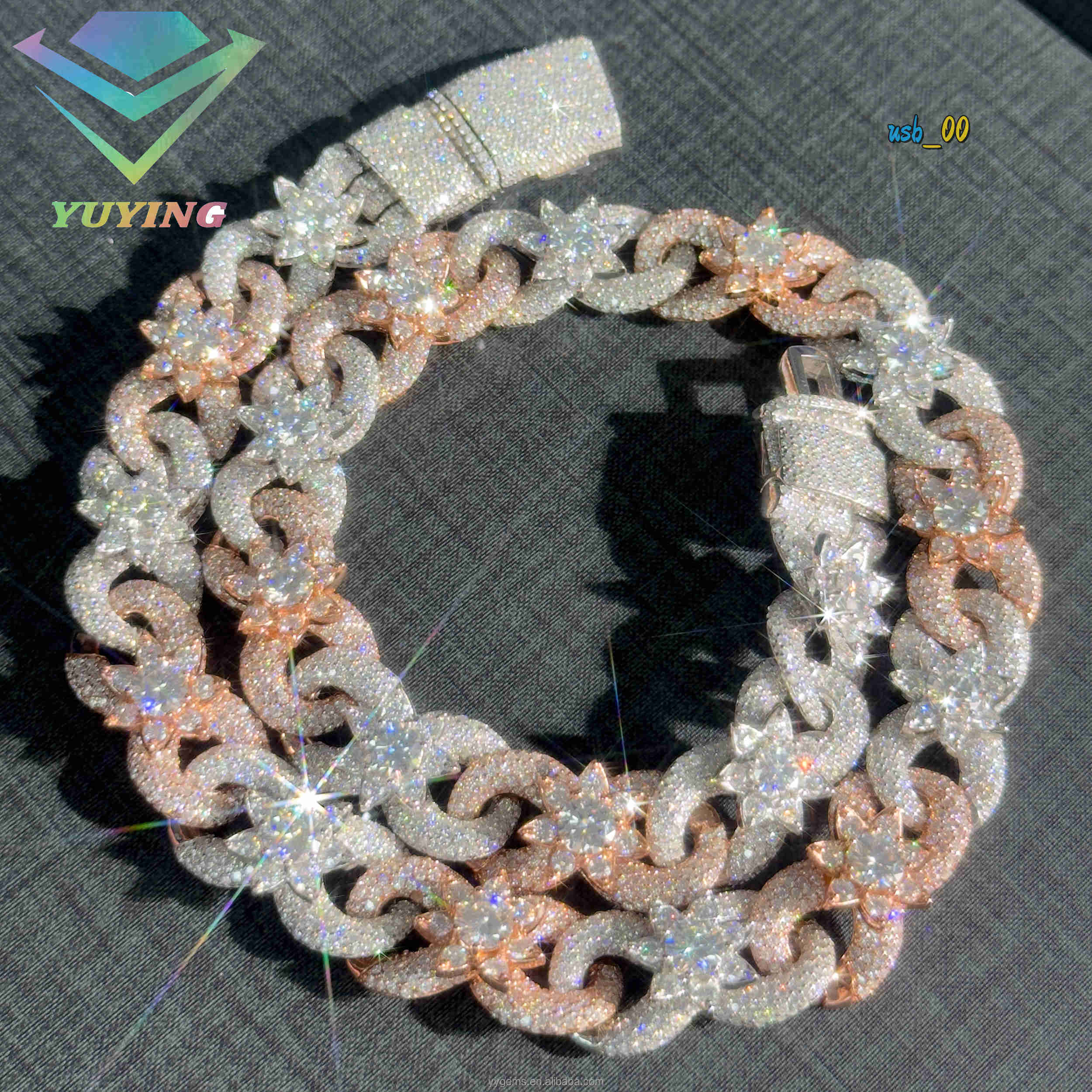 Luxury Flower Cuban Chain 15mm S925 D Vvs Moissanite Diamond Hip Hop Jewelry Two Tone Colors Infinite Cuban Moissanite Chain