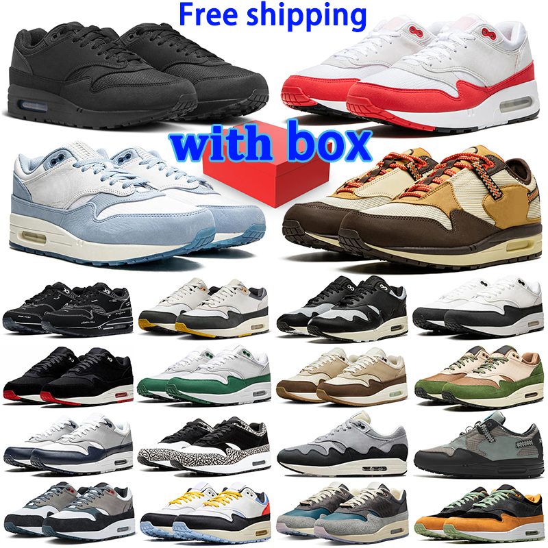 Free shipping with box 1 87 running shoes designer for men women black white dark grey navy blue brown leather 1s sneakers stylish mens womens train