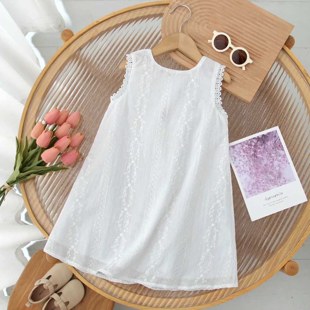 Girls Dresses Summer Small Flower Embroidery White Sleeveless Vest Dress Solid Girls ClothesT260319-image-1098409744