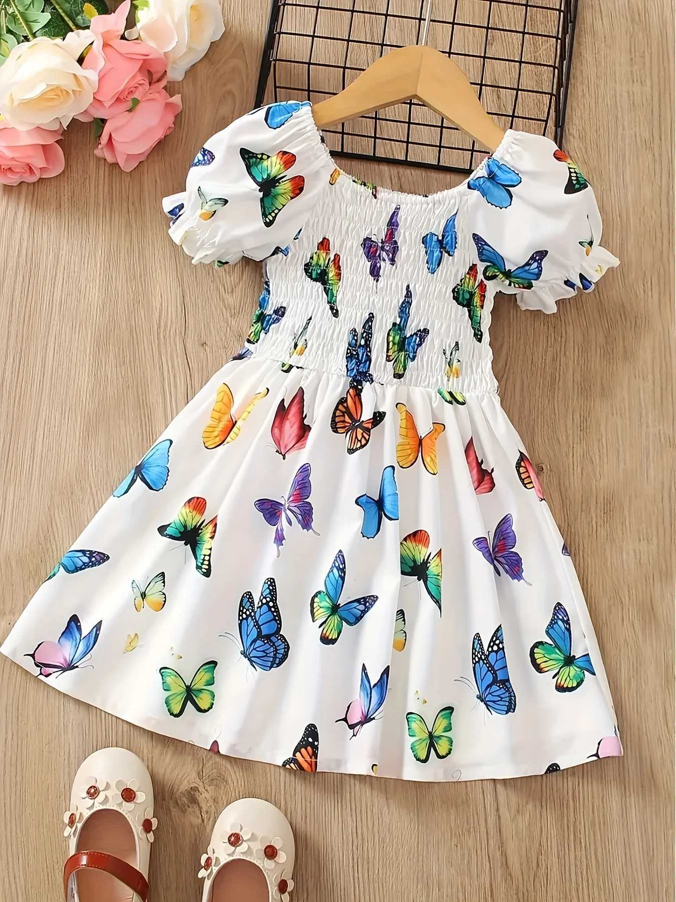 Vêtements pour enfants Filles Robe à imprimé papillon vibrant Convient aux enfants de 1 à 8 ans Vêtements d'été Jupe papillon blanche colorée T26