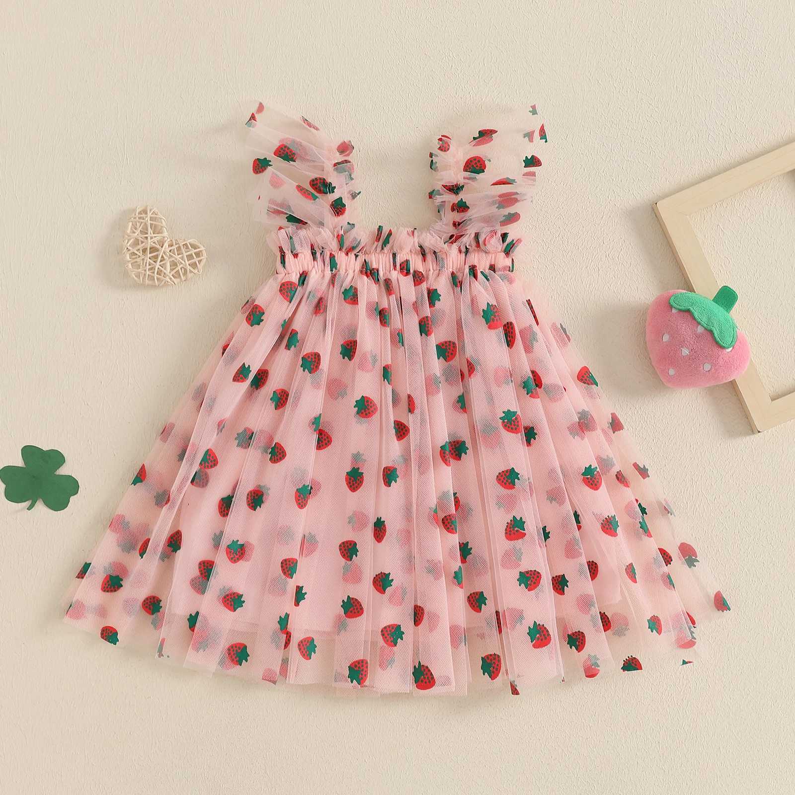 MISOWMNJOY Summer Baby Girls Chiffon Dresses Princess Sleeveless Clover Strawberry Print A-line Dress Mesh Tulle Kids SundressT260319-image-1098407641