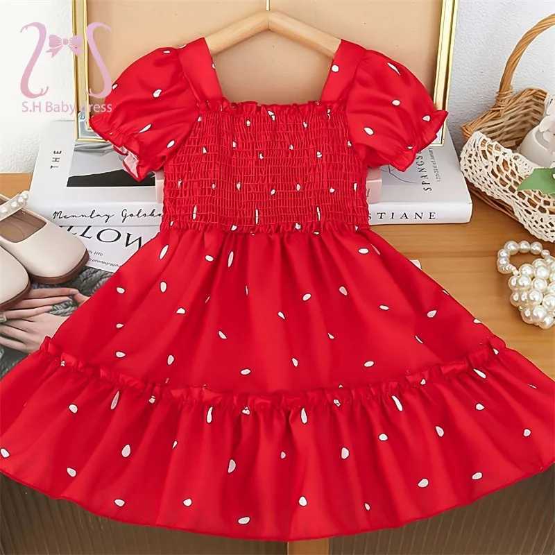 Fashion Children Summer Red Puff Sleeves Dress Baby Girl Polka Dots Heart Clothing Adorable Kids Birthday Party New Year DressesT260319-image-1098410084