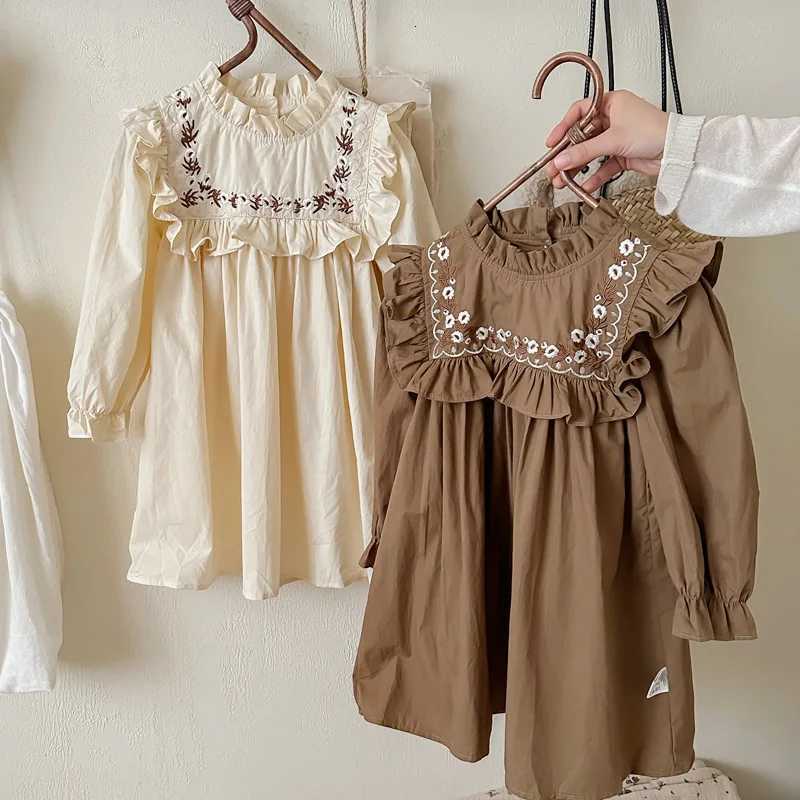 Autumn Stand Collar Ruffle Flower Embroidery Girls Dress Children Princess Vestidos Long Sleeve Vintage Clothes Daily ElegantT260319-image-1098406577