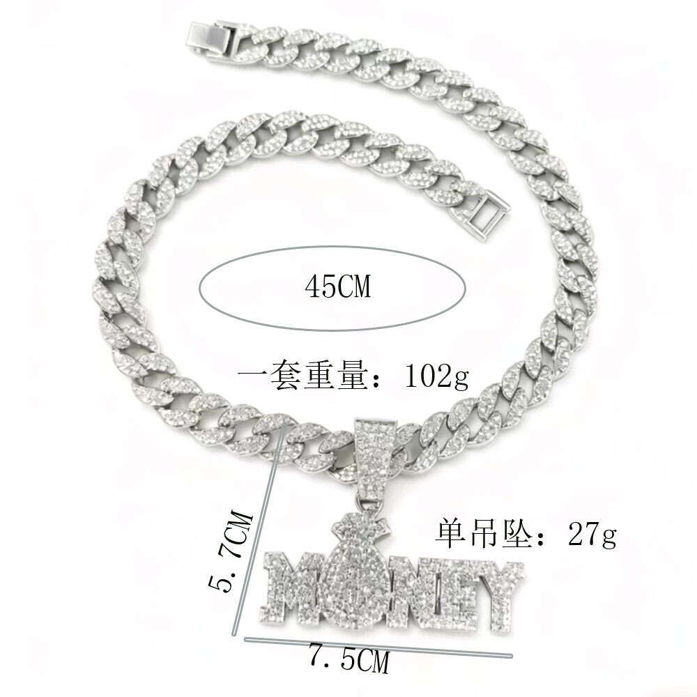 Hip Hop Letter MONEY Full Diamond Alloy Pendant Jewelry Trendy Cuban Chain Personalized Necklace Manufacturer Wholesale