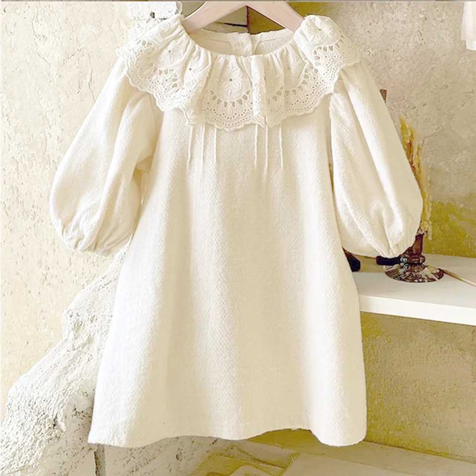 Casual Girls Ruffles Lace Collar Dress Autumn Long Sleeve Kids Dresses for Toddler Girls White Dress Fashion Childrens ClothingT260319-image-1098407449