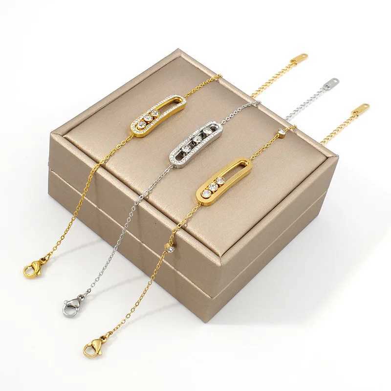 Fashion Rose Gold Plated 3 Dot Beads Bar Charm Geometric Figure Stainless Steel Link Zircon Bangle Jewelry H260321