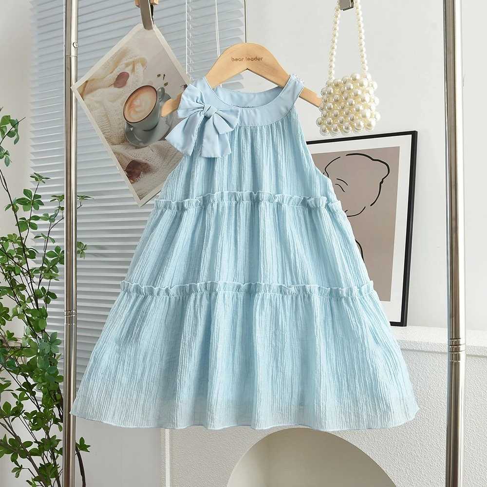 Korean Version Summer New Blue Round Neck Bow Hanging Neck Princess A-line Dress Sweet and Cute 3-7 Year Old Girls Daily WearT260319-image-1098407427
