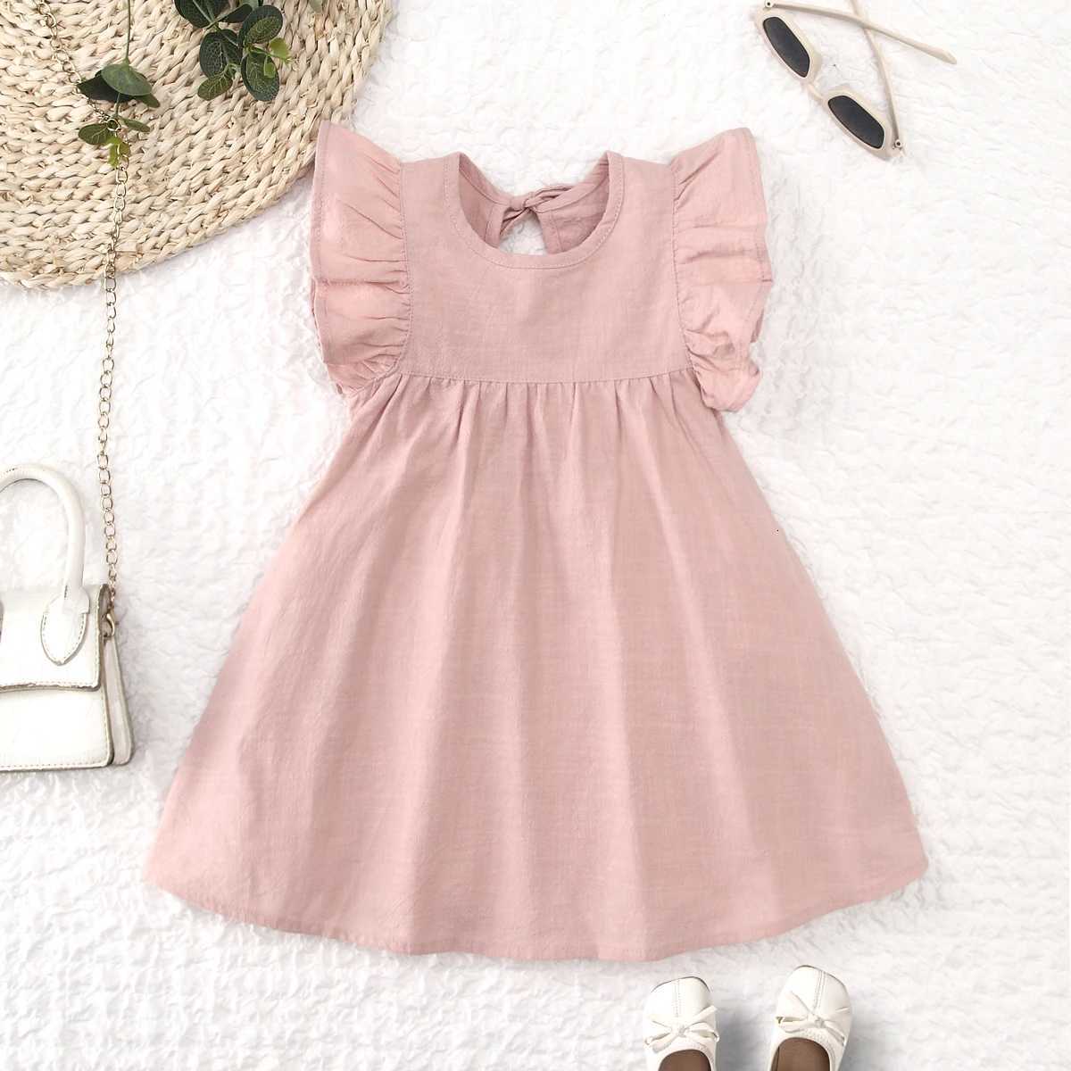 Toddler girls dresses kids summer wear Pure color puffy sleeves girl dress back collar tie princess dressT260319-image-1098406983