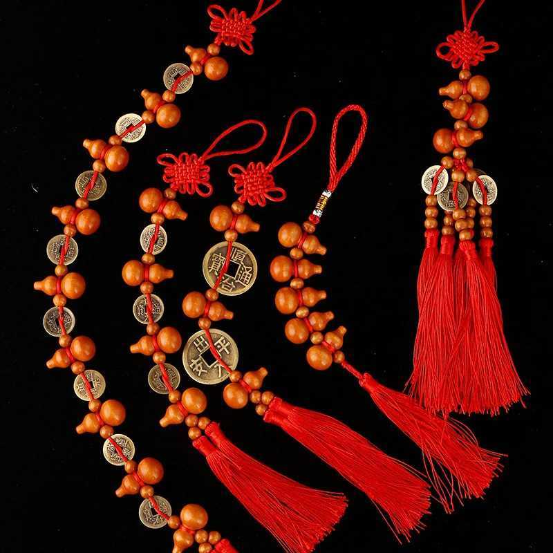 Solid Wood Gourd Copper Coin Pendant with Chinese Knot for New Year Home Decoration Lucky Fortune Living Room Door HangingT260321-image-1098424716