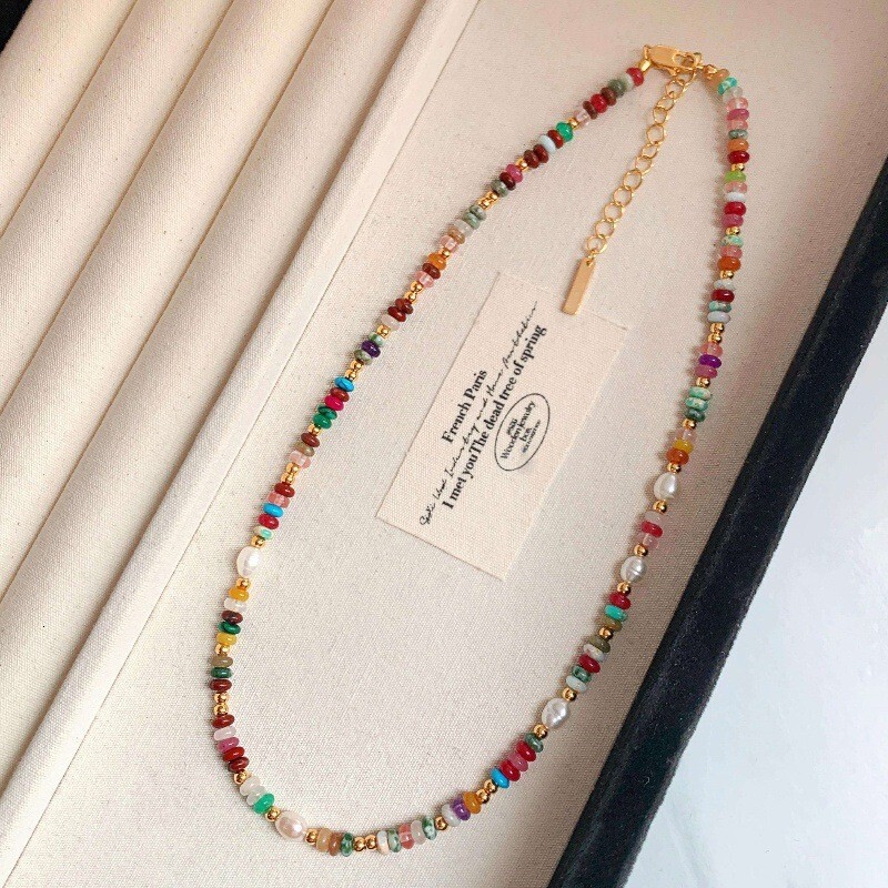 Collier de perles de Dopamine en verre coloré de perle d'eau douce de Grain de riz de pierre naturelle de couleur mélangée pour les femmes haut d