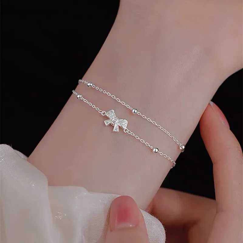 925 Sterling Silver Double Layer Bownot For Women Vintage Korean Sparking Zircon Chain Party Fine Jewelry H260321-image-1098478384