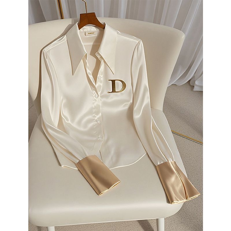 Luxury Brand Designer Clothes French Style Light Luxury White Acetate Satin Shirt For Women, Unique Design, Niche Spring And Autumn, Distinctive And