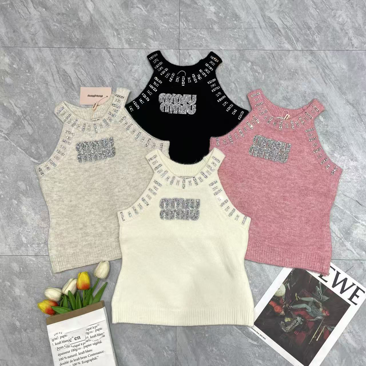 High quality designer inspiration for 2026 summer new slim fit crystal decoration knitted top women's customized rhinestone trimmed vest