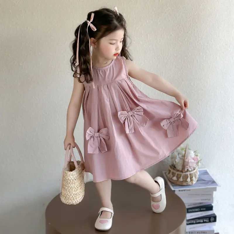 Summer UNITIM Kids Girls Sundress Cotton Bow Infant Babys Girls Sleeveless Dress Solid Ruched Princess Dress For 2-8Yrs GirlsT260319-image-1098407808